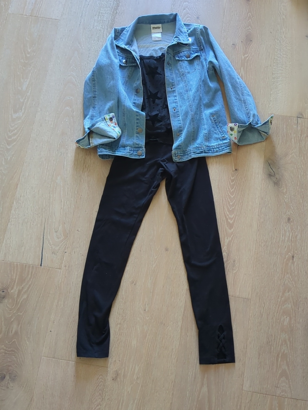 M&m's Denim Jacket With Applique And Sequins, Shirt, Leggings Bundle XL